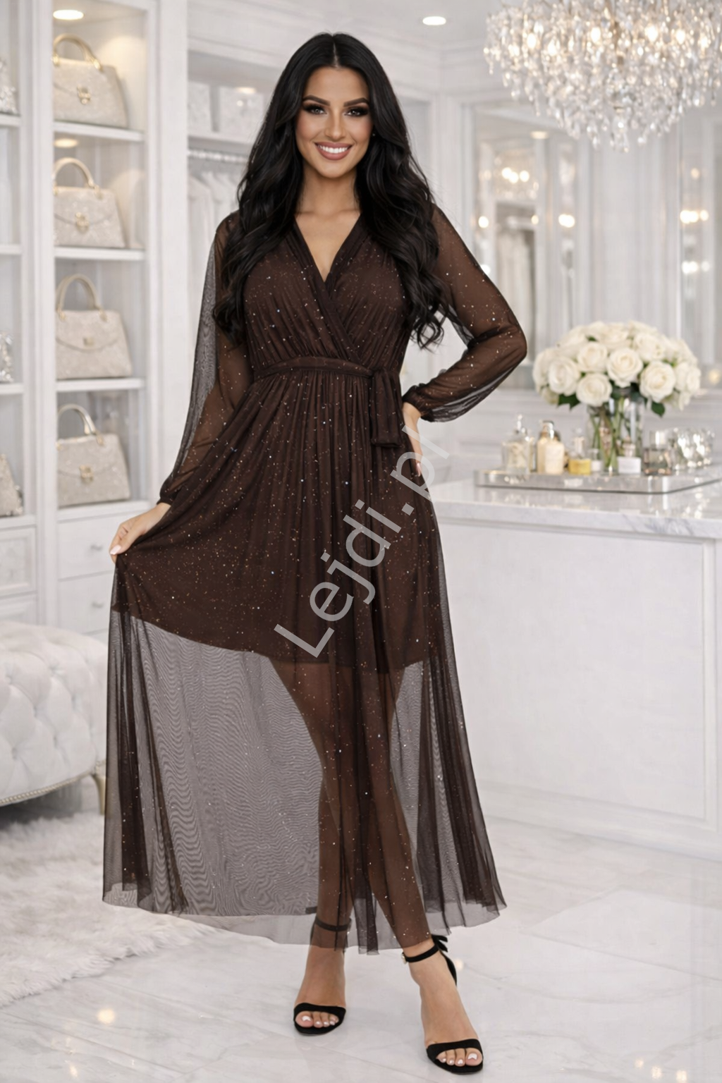 Brązowa sukienka wieczorowa z elastycznej siateczki z mieniącymi się drobinkami Sparkle uniwersalna 38 - 46