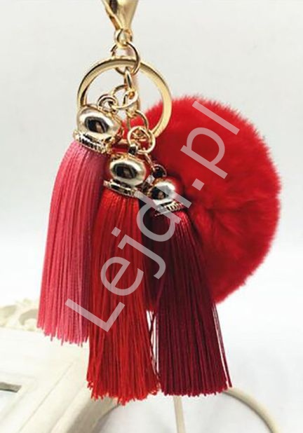 Breloczek do torebki, plecaka czy kluczy, czerwony futerkowy pompon z trzema frędzelkami