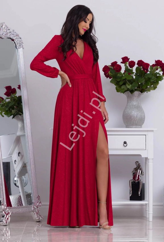 Brokatowa kopertowa czerwona sukienka  z długim rękawem Salma 2