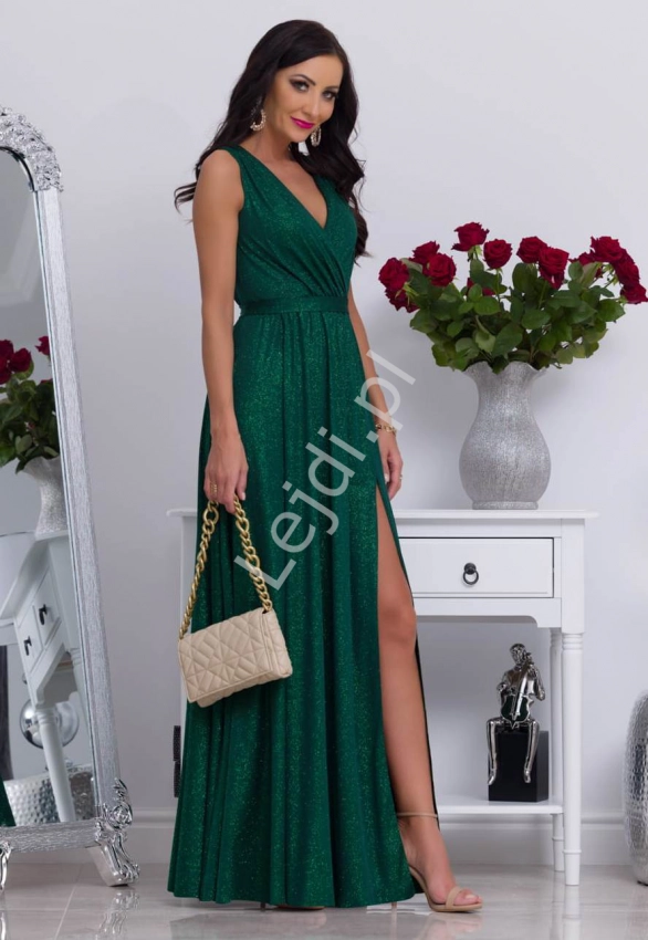 Brokatowa kopertowa sukienka zielona Salma 