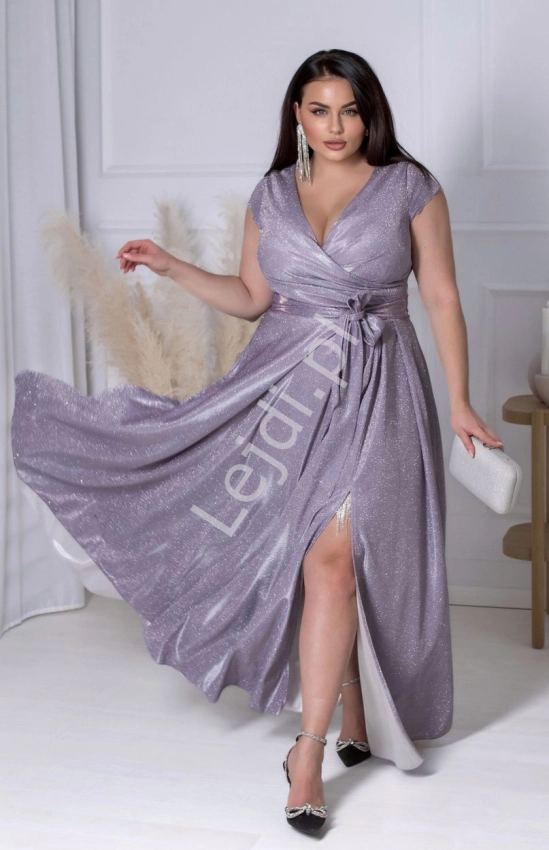 Brokatowa sukienka plus size, połyskująca na fioletowo 2024