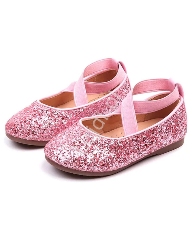 Brokatowe buty dla dziewczynki, błyszczące dziecięce baleriny w różowym kolorze 251