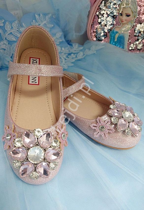 Brokatowe buty z kryształkami jasny róż LK-3