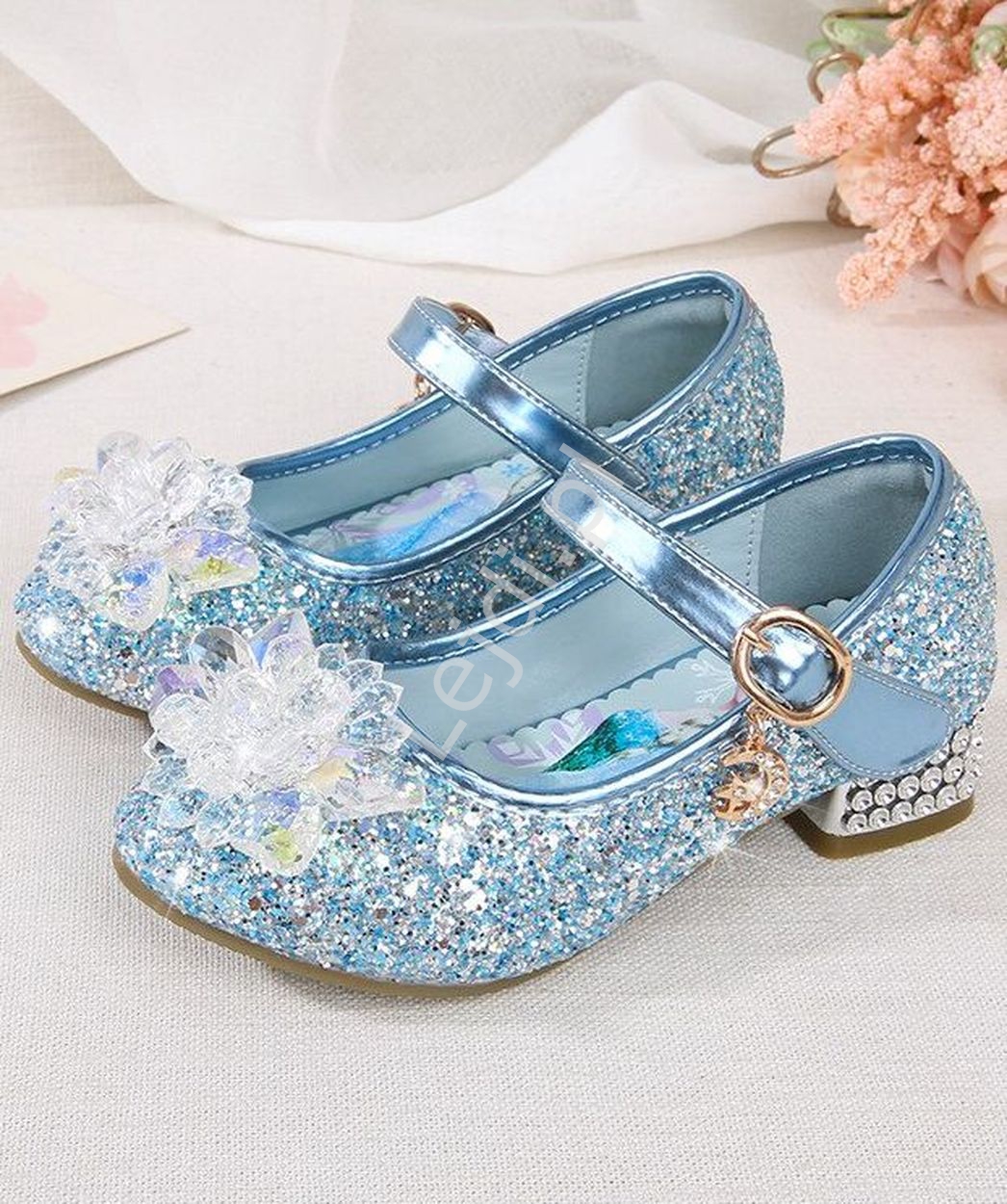 Brokatowe niebieskie buty z kryształkami na obcasiku Frozen, Kraina Lodu, Elza 1788-22