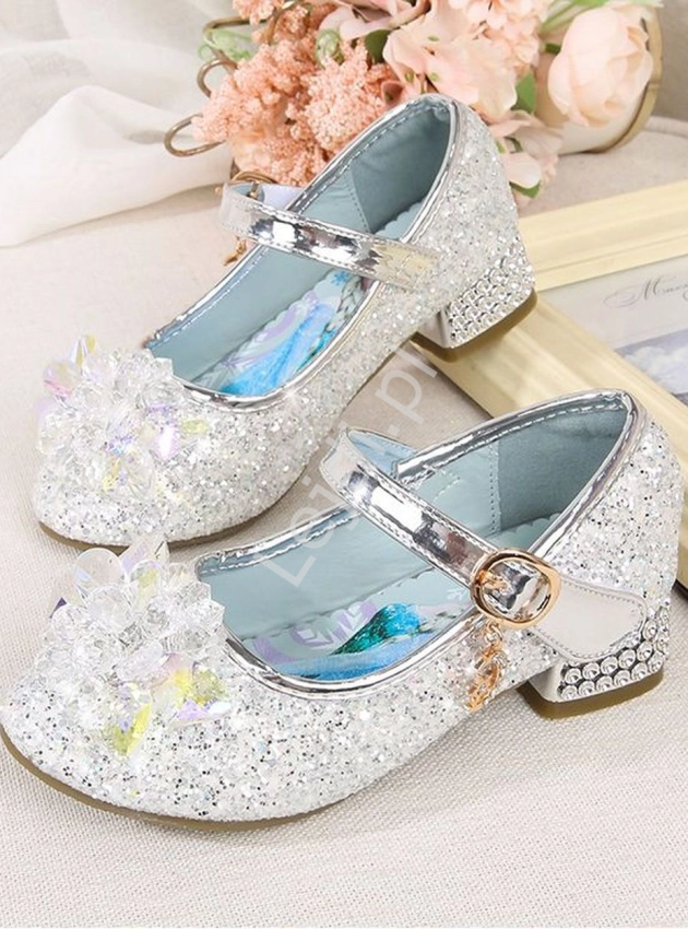 Brokatowe srebrne buty z kryształkami na obcasiku  Frozen, Elza, księżniczka 1788-22