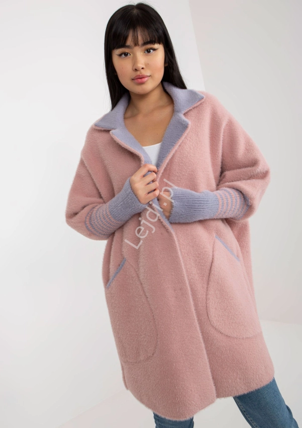 Brudno różowa Alpaka  z szarymi wstawkami , ciepły płaszcz, kurtka Alpaka