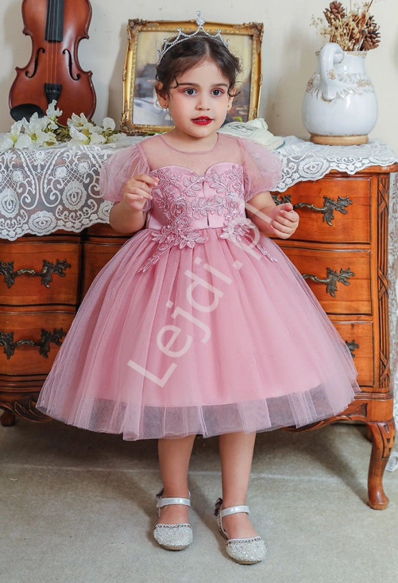 Brudno różowa sukienka dla dziewczynki z zdobieniem koronką 2089