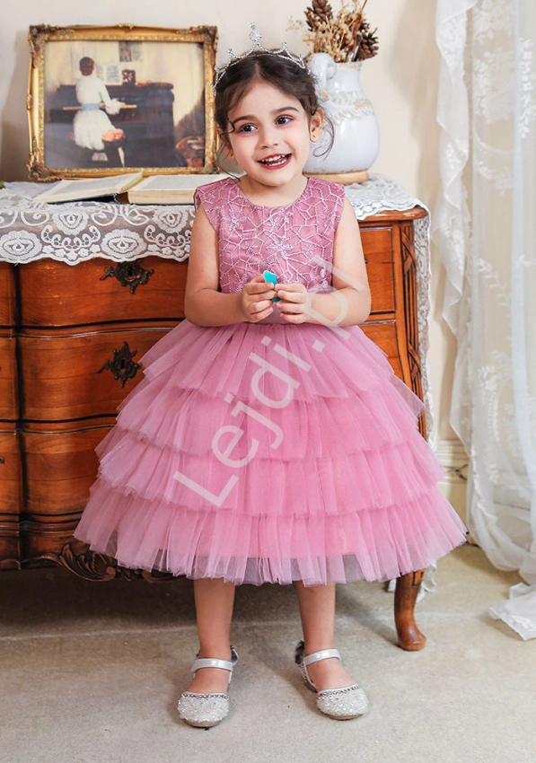 Brudno różowa sukienka dziecięca, tiulowa z falbanami na spódnicy 093