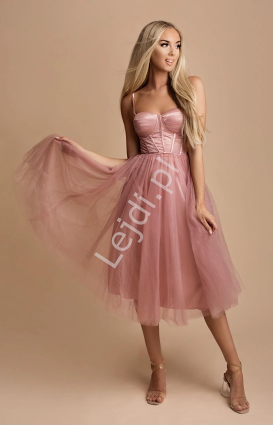 Brudno różowa sukienka tiulowa, wieczorowa sukienka midi 2327
