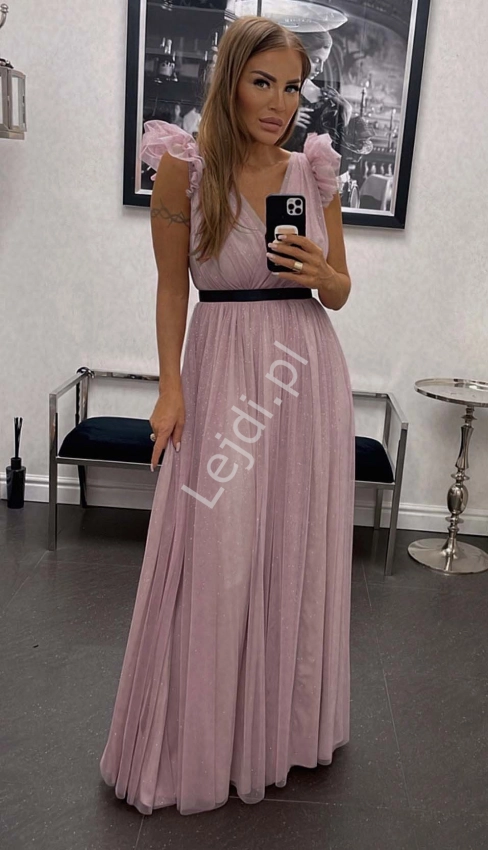 Brudno różowa sukienka tiulowa z brokatem, długa sukienka na wesele, Grace