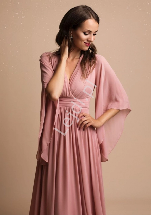 Brudno różowa sukienka wieczorowa z oryginalnym rękawem 2290