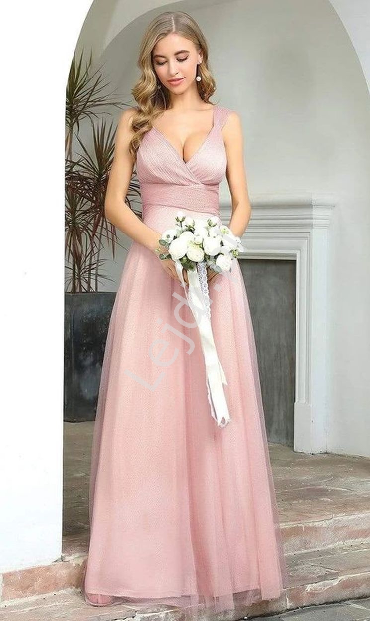Brudno różowa brokatowa sukienka wieczorowa z połyskującym brokatem 7905 - Lejdi