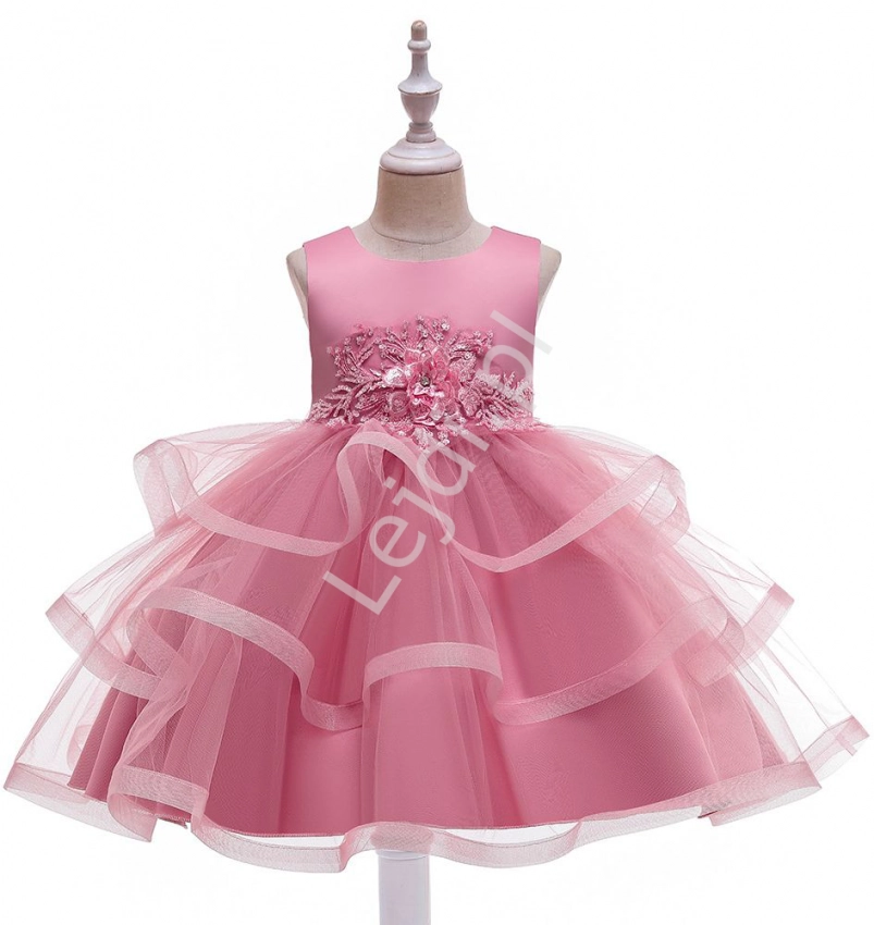 Brudno różowa sukienka z gipiurowymi aplikacjami 5225