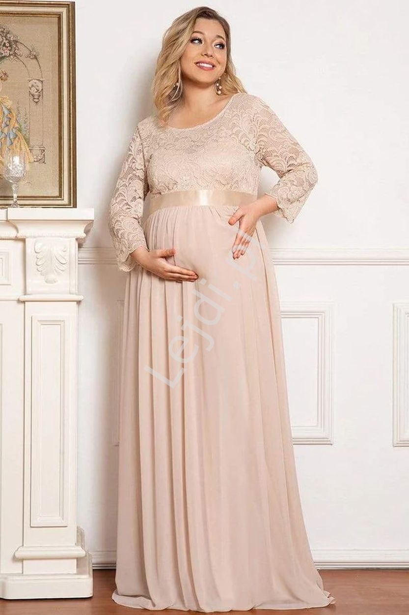Brzoskwiniowa sukienka ciążowa z koronkową górą, elegancka sukienka wieczorowa