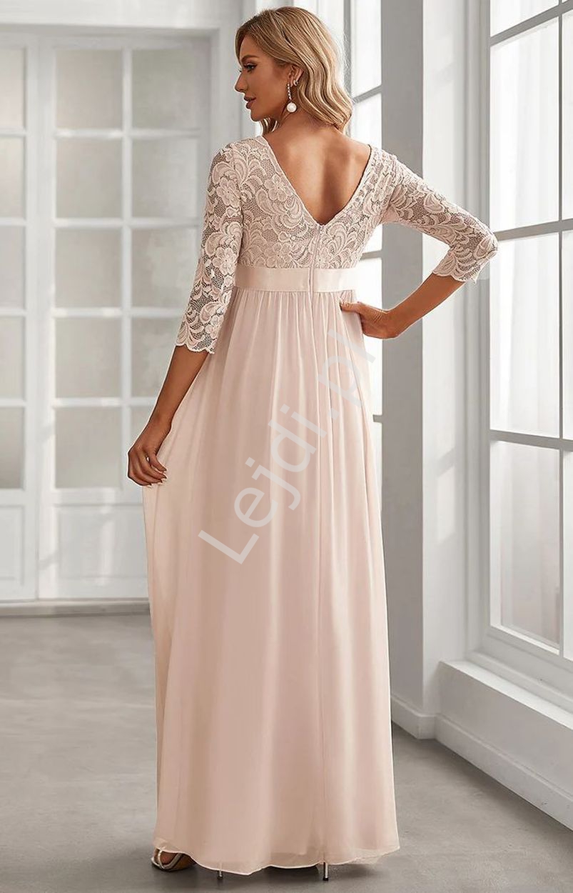 Brzoskwiniowa sukienka ciążowa z koronkową górą, elegancka sukienka wieczorowa