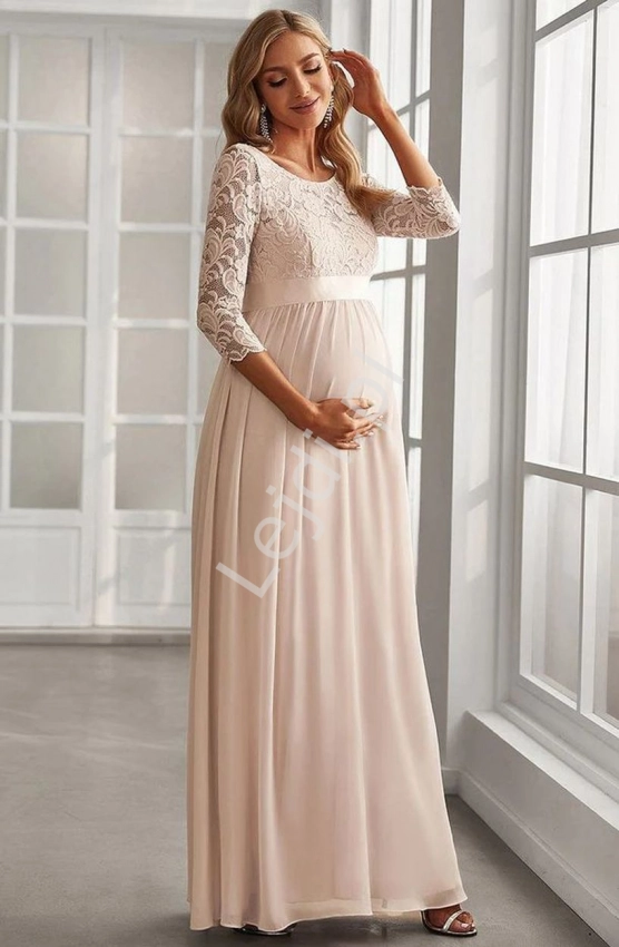 Brzoskwiniowa sukienka ciążowa z koronkową górą, elegancka sukienka wieczorowa 0797