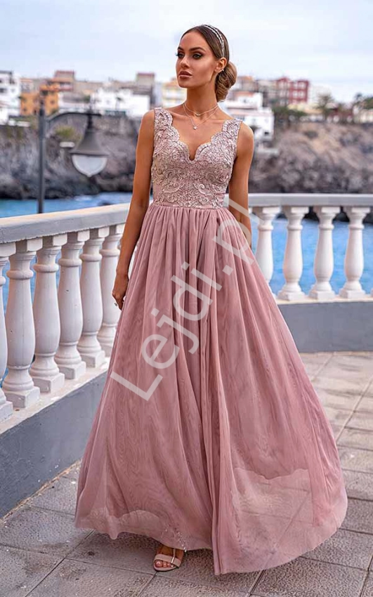 Brzoskwiniowa sukienka tiulowa z koronką, Chiara EMO