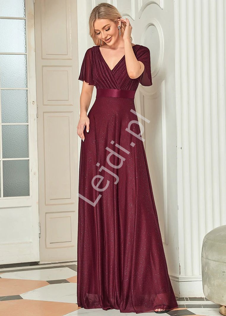  Burgundowa długa suknia wieczorowa z połyskującym brokatem 0159