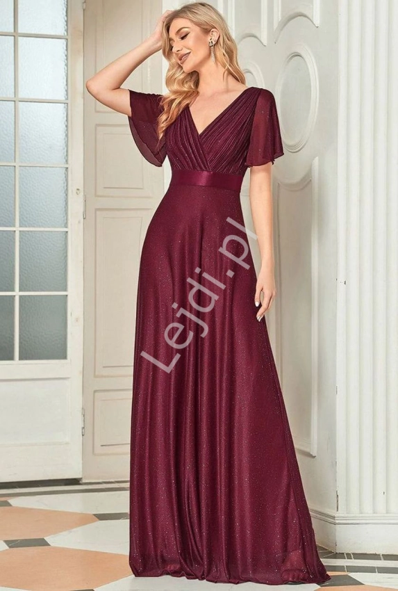 Burgundowa długa suknia wieczorowa z połyskującym brokatem 0159