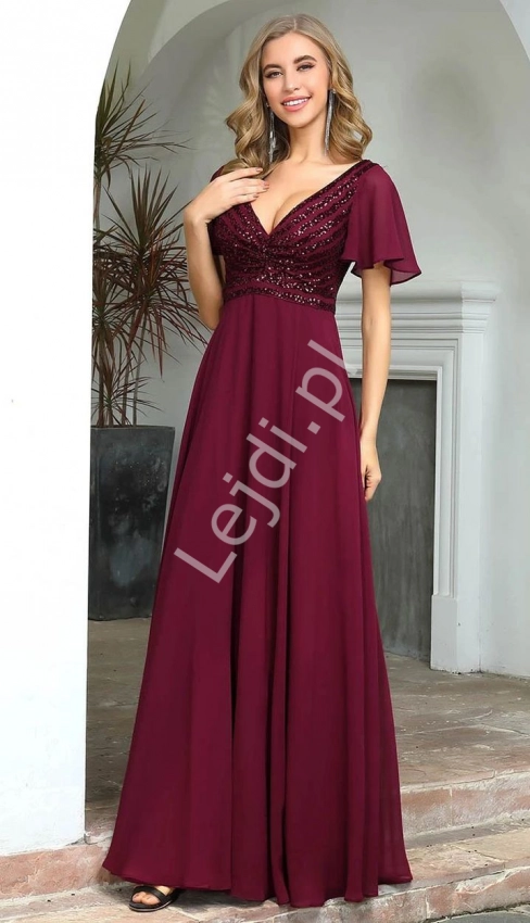 Burgundowa elegancka sukienka wieczorowa z błyszczącymi cekinami 0568