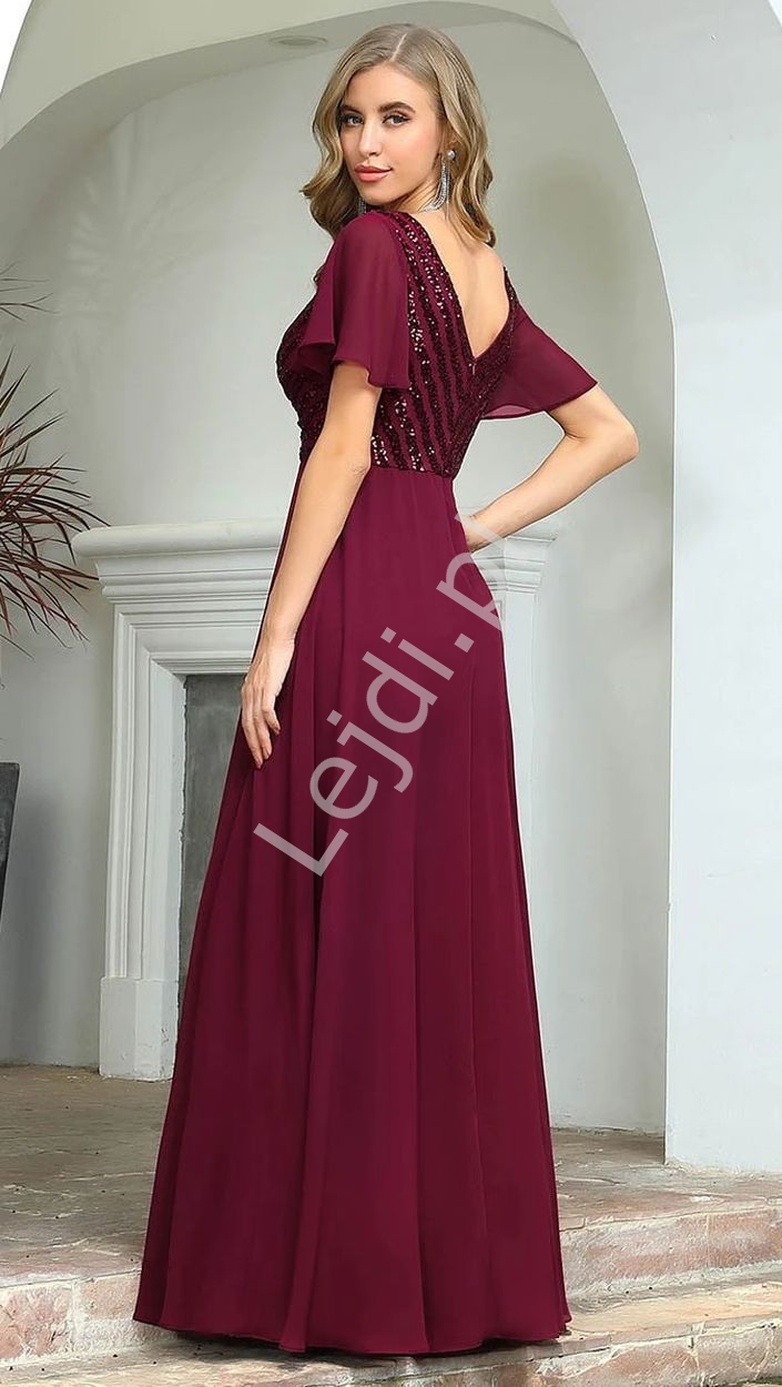 Burgundowa elegancka sukienka wieczorowa z błyszczącymi cekinami