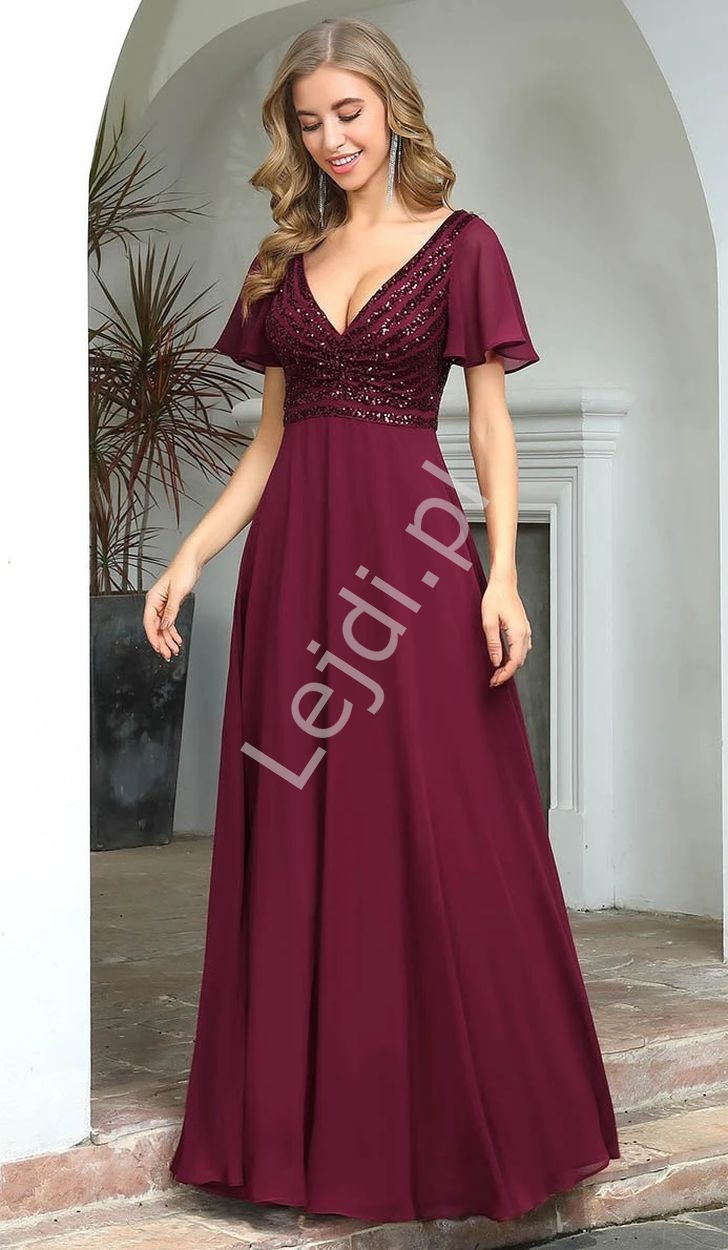 Burgundowa elegancka sukienka wieczorowa z błyszczącymi cekinami