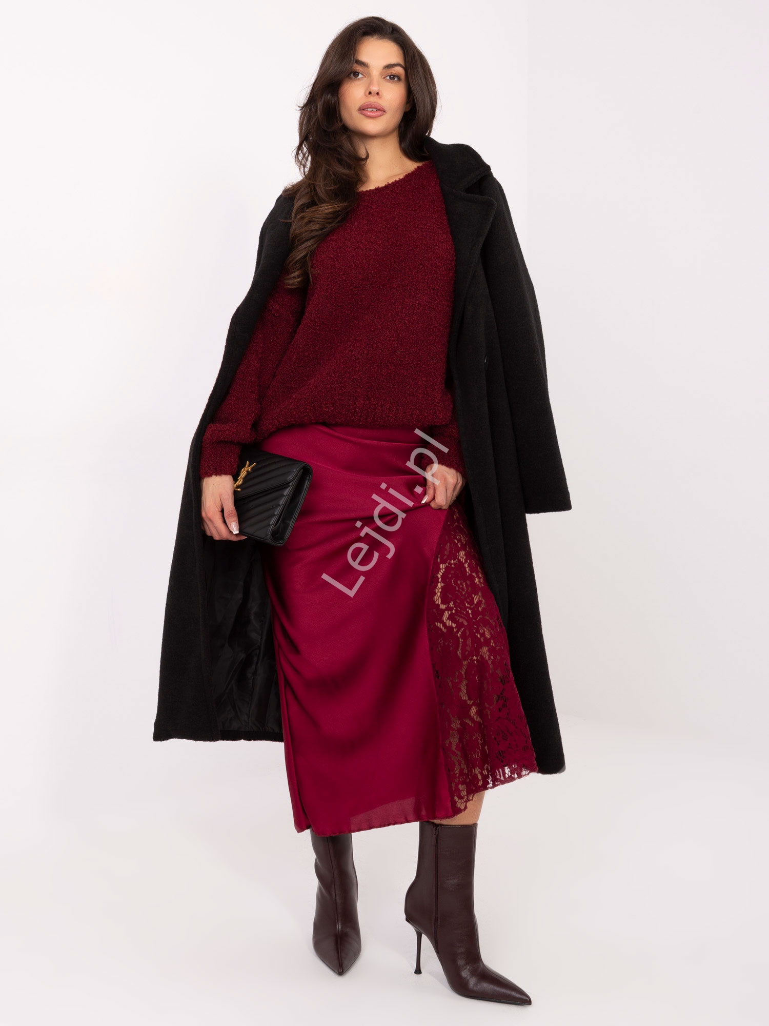 Burgundowa satynowa spódnica z koronką o kroju syrenki RUE PARIS