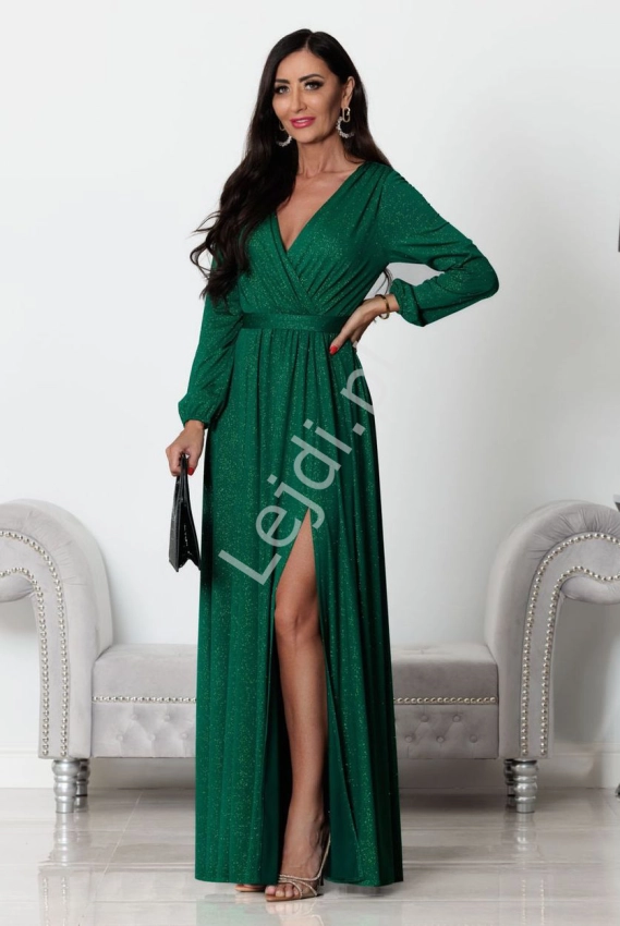 Butelkowo zielona brokatowa sukienka z długim rękawem, wyszczuplająca sukienka na wesele, Salma 2
