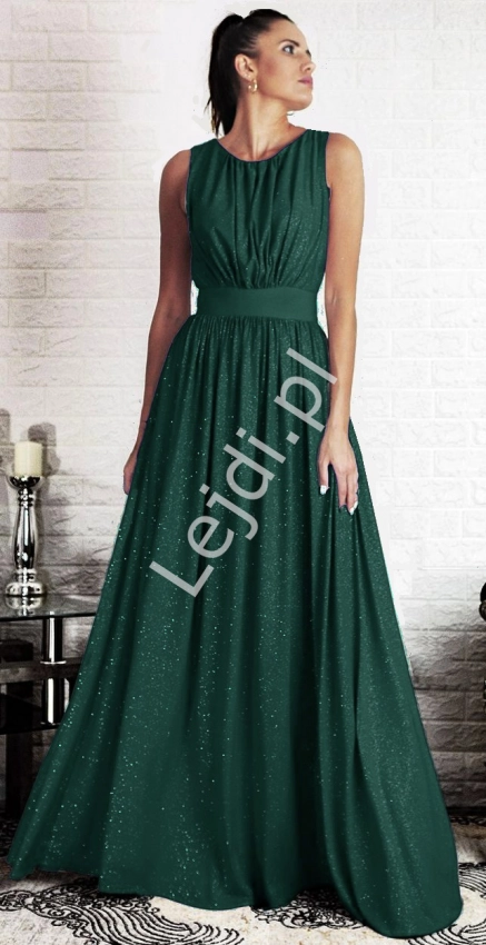 Butelkowo zielona brokatowa suknia wieczorowa, m427A 