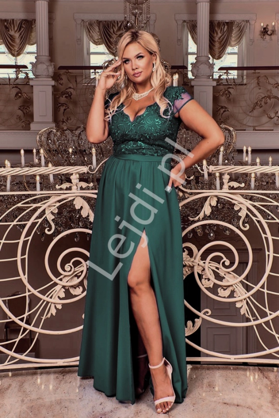 Butelkowo zielona długa suknia wieczorowa Chantell - duże rozmiary w modnym fasonie