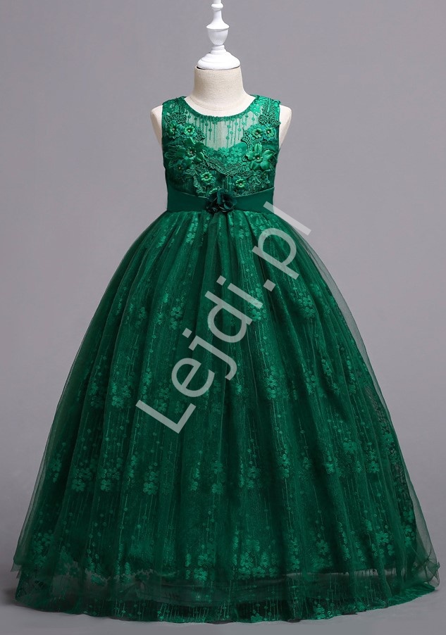 Butelkowo zielona suknia dla dziewczynki zdobiona kwiatkami 3D 831
