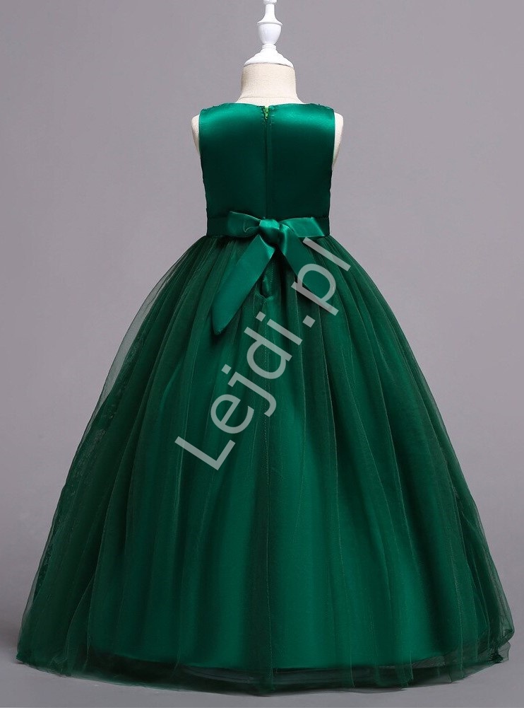 Butelkowo zielona suknia dla dziewczynki zdobiona kwiatkami 3D 831