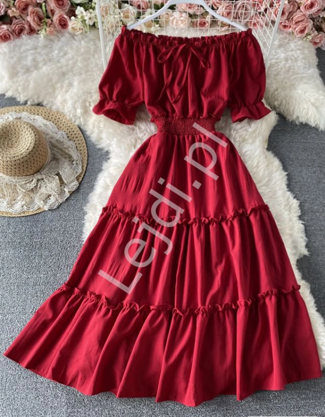 Ciemno czerwona sukienka letnia z falbanami hiszpanka 1148