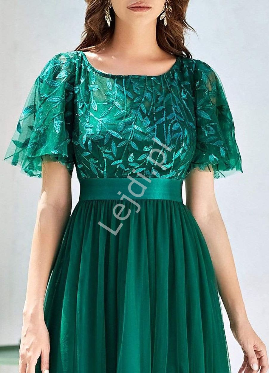 Ciemno zielona sukienka wieczorowa z cekinową górą i haftowanymi listkami