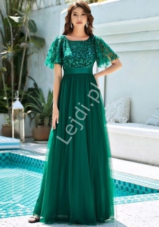 Ciemno zielona sukienka wieczorowa z cekinową górą i haftowanymi listkami 0904