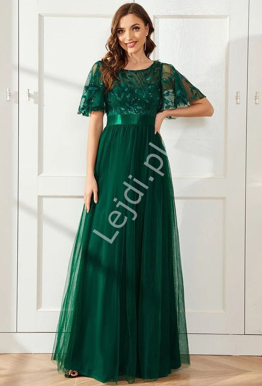 Ciemno zielona sukienka wieczorowa z cekinową górą i haftowanymi listkami