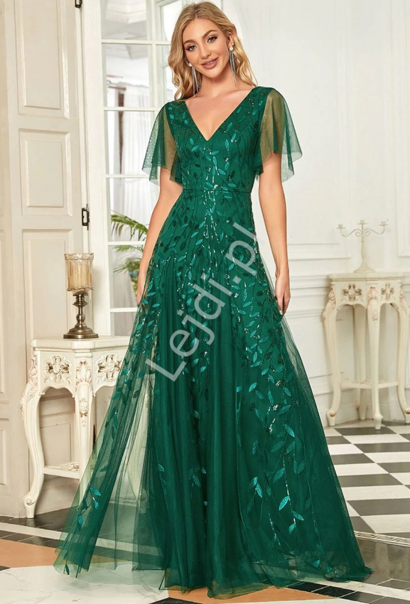Ciemno zielona sukienka wieczorowa z tiulu z cekinami 0734