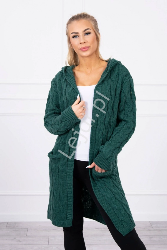 Ciemno zielony sweter z kapturem, modna narzutka swetrowa z kieszeniami