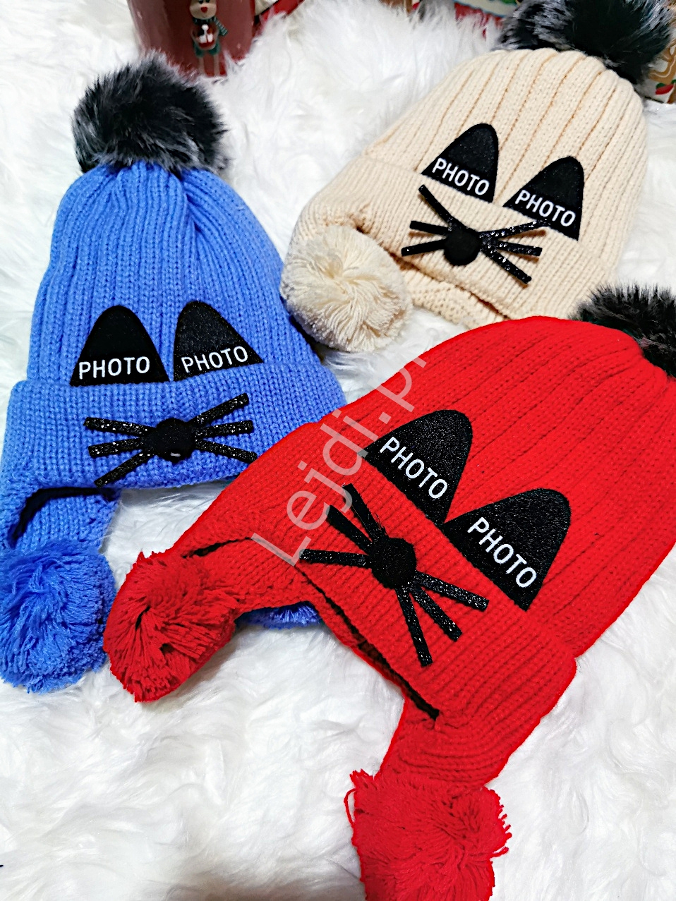 Niebieska czapka dziecięca kot z uszami i wąsami, ciepła czapka zimowa dla dziewczynki