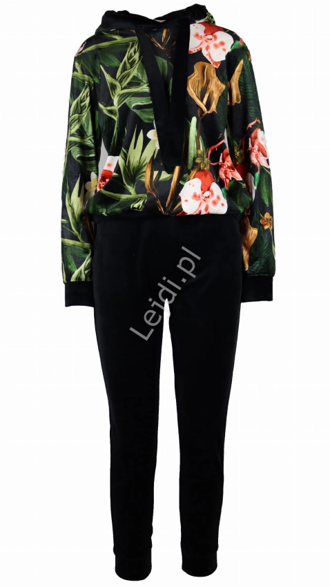 Czarny dres welurowy tropical w kwiatowy wzór, stylowy dres damski w kwiaty 9903