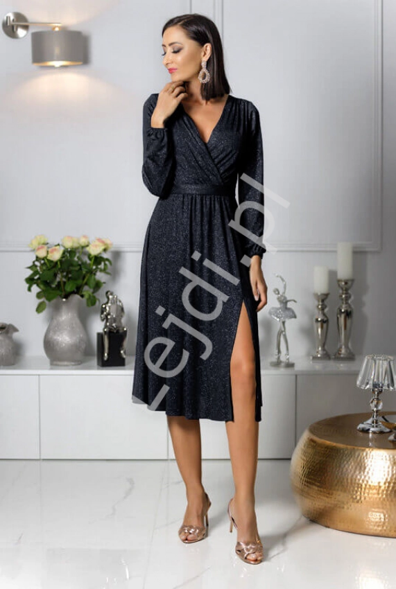 Czarna brokatowa sukienka Plus Size z długim rękawem, wyszczuplająca sukienka Midi Salma