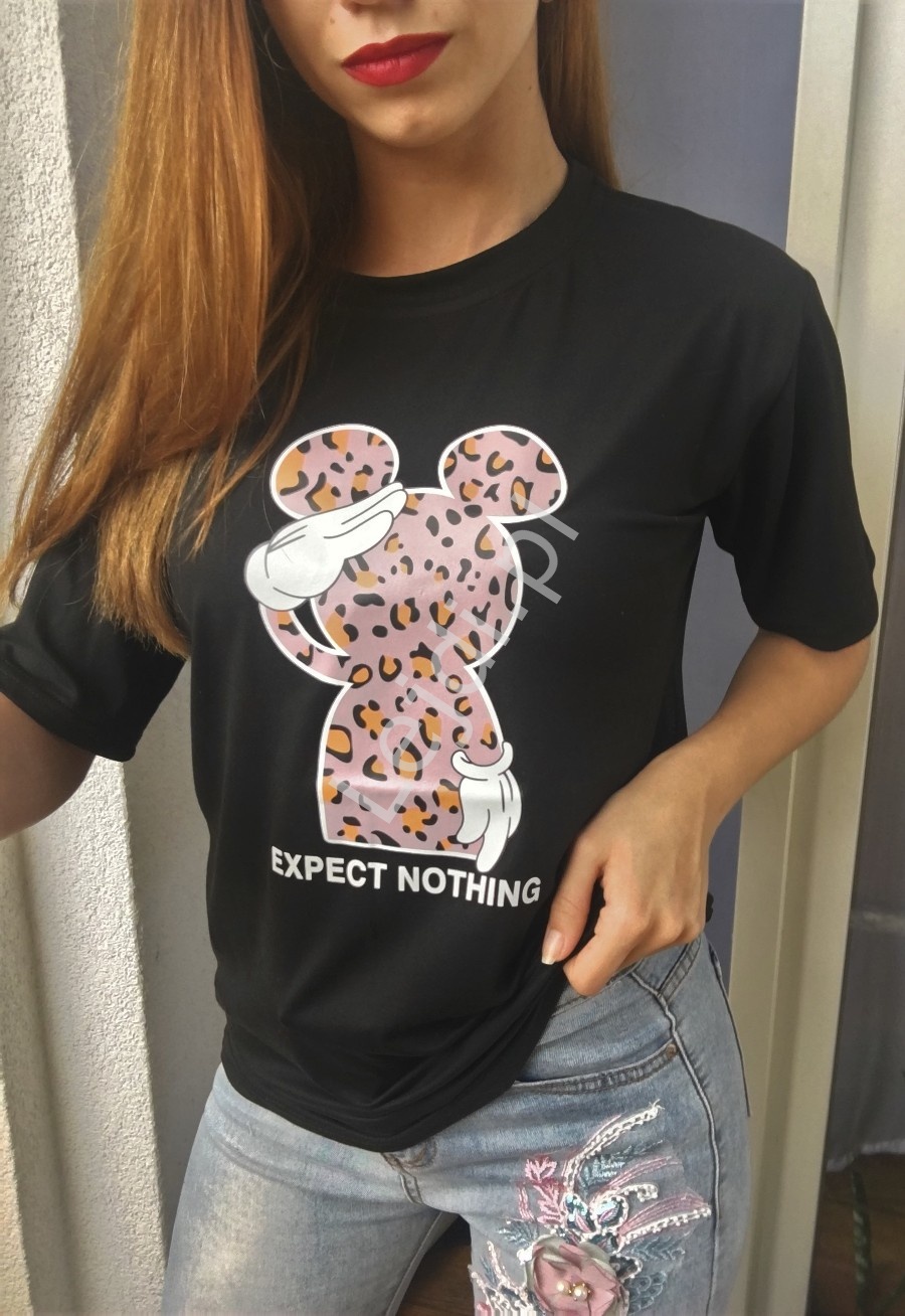 Czarna koszulka damska oversize z Myszką Miki w cętki - Lejdi