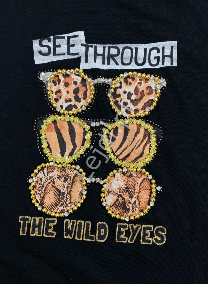 Czarna koszulka z okularami z zwierzęcym printem, t-shirt damski z kryształkami 