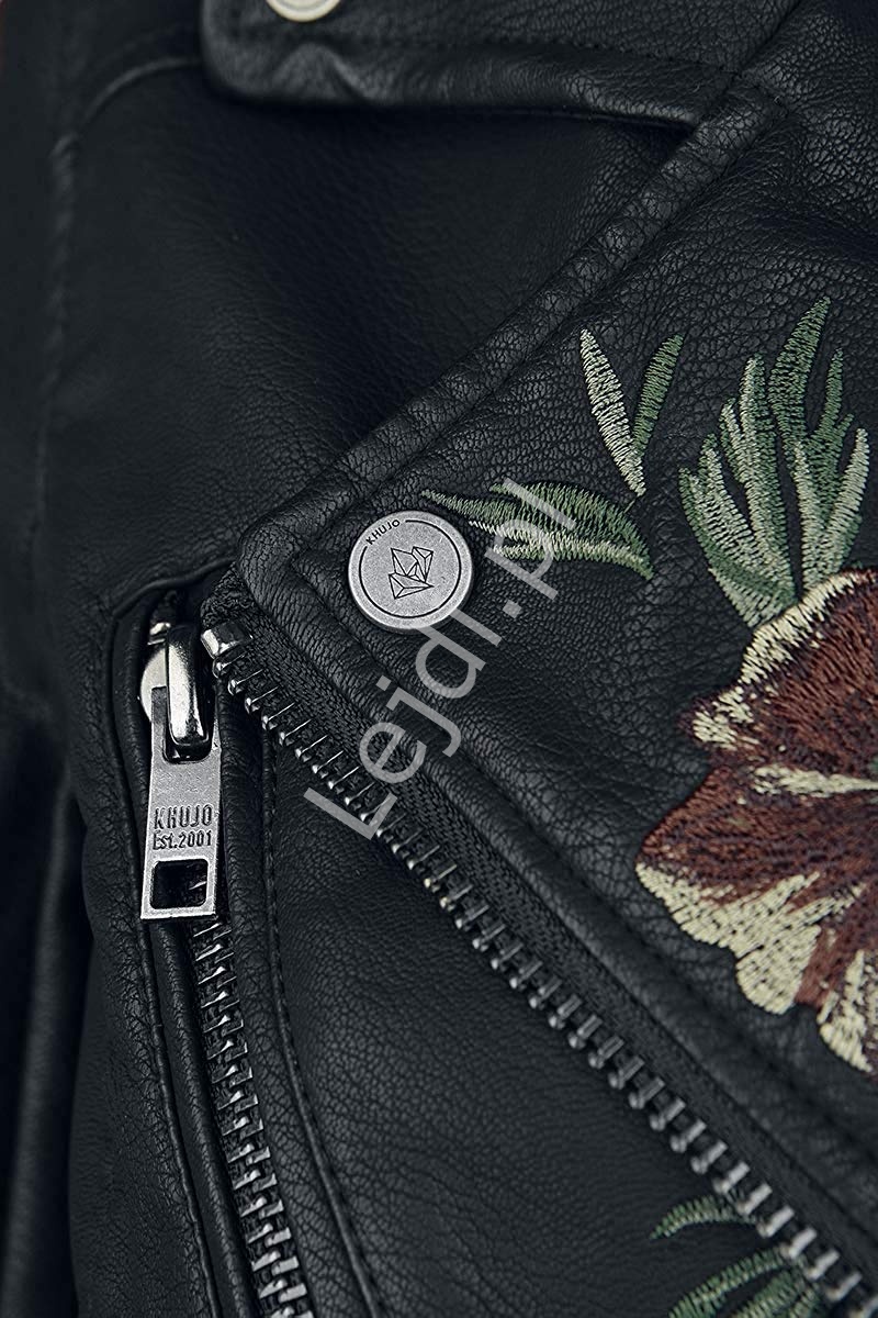 Czarna kurtka z skóry ekologicznej z kwiatowym haftem Khujo Walentina
