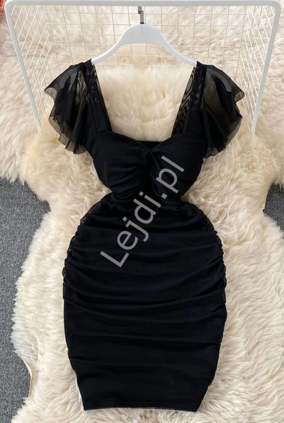 Czarna mini z drapowaniem, tiulowa sukienka krótka 1094