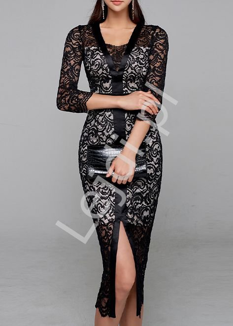 Czarna ołówkowa sukienka z koronki 4180 - Lejdi