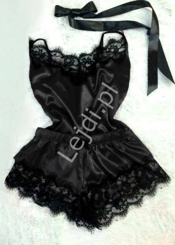 Czarna piżama satynowa z czarną koronką, szorty i koszulka na ramiączkach 3440
