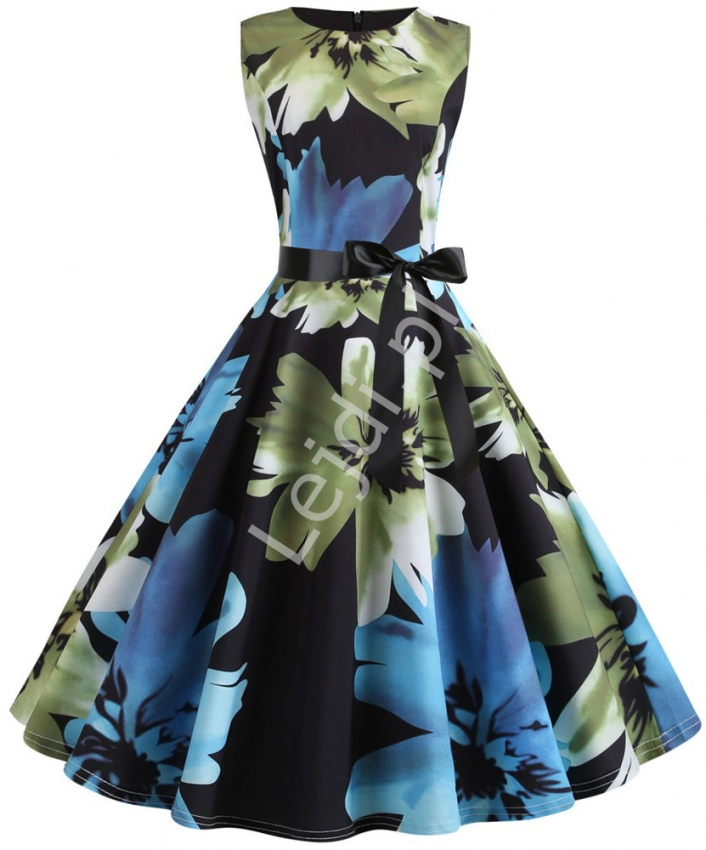 Czarna rozkloszowana sukienka w zielone i niebieskie kwiaty 0452