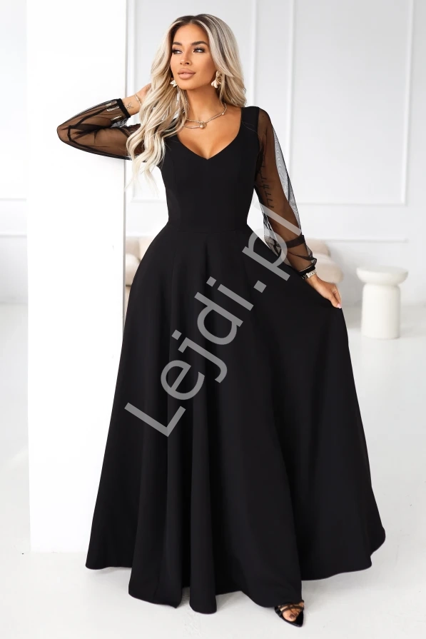 Czarna sukienka maxi wieczorowa z długim tiulowym rękawem o kroju litery A