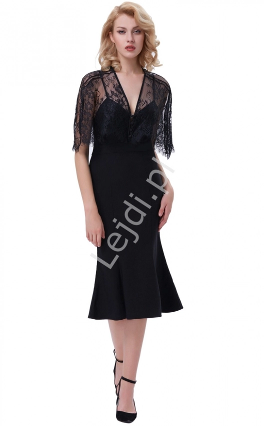 Czarna sukienka na ramiączkach z koronkową narzutką, długość do kolan 330